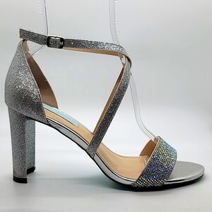 BETSEY JOHNSON sz 9 Bella bling rhinestone glitter sandal block heel AMA…